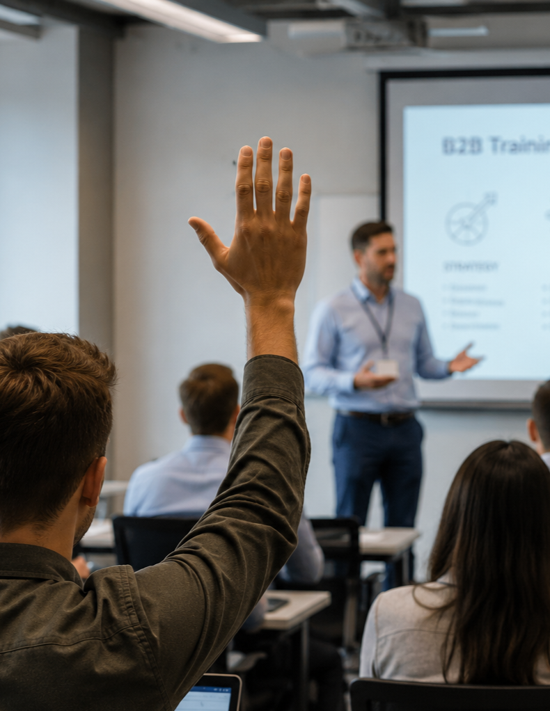 Deelnemer steekt hand op tijdens een B2B-training